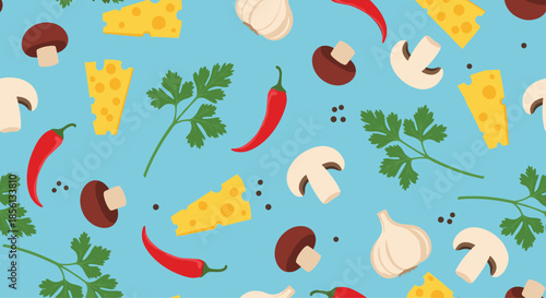 Seamless pattern of various pizza ingredients including mushrooms, cheese, garlic, and chili on a light blue background.
