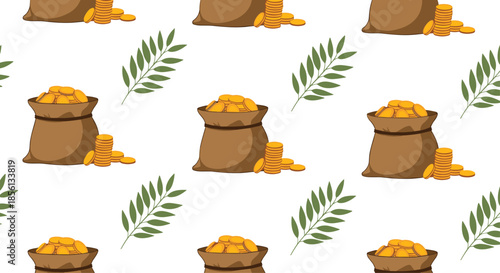 Seamless pattern featuring brown sacks filled with gold coins and green leafy branches on a white background design.
