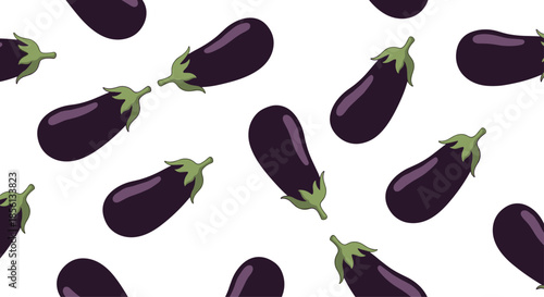 Seamless pattern of multiple dark purple whole eggplants with green stems scattered across a plain white background.
