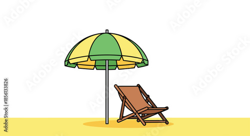 Summer beach scene illustration with green and yellow striped umbrella and wooden deck chair on a sandy ground.