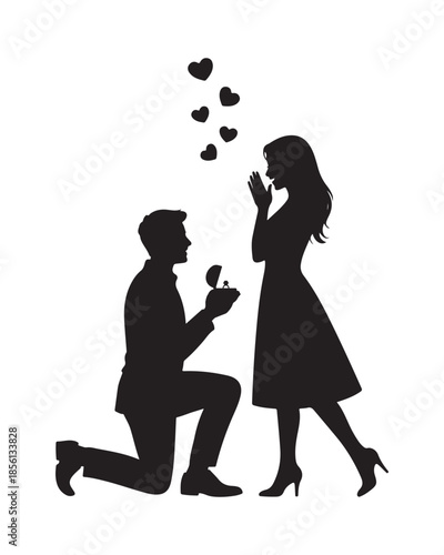 Emotional black silhouette of a man proposing on one knee to a surprised woman with floating hearts