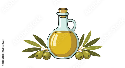 Glass bottle of pure olive oil surrounded by fresh green olives on branches with leaves on white background.