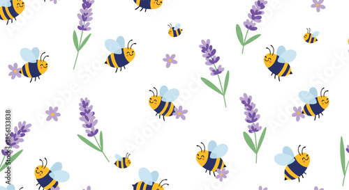 Seamless pattern of happy cartoon bumblebees flying among purple lavender sprigs and small flowers on white background.