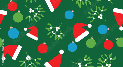Christmas seamless pattern with red Santa hats, colorful ornaments, and mistletoe sprigs on dark green background.