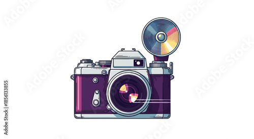 Retro style SLR camera in purple and silver colors featuring a large external round flash unit on white background.
