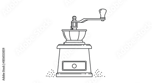 Traditional vintage manual coffee grinder with handle and wooden base shown in a clean line art illustration style.