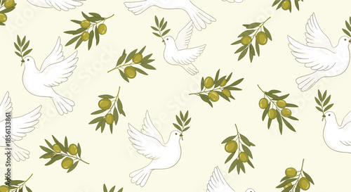 Seamless pattern of white doves of peace carrying green olive branches in their beaks on pale yellow background.