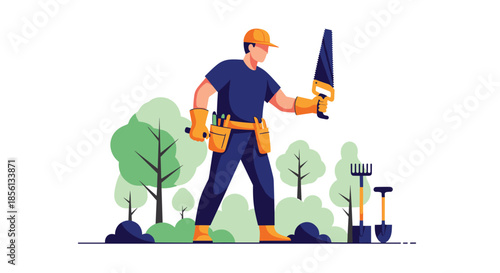 Professional gardener or lumberjack character holding a hand saw in a forest setting with tools on white background.