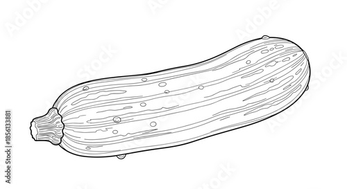 Detailed line art illustration of a whole fresh zucchini or cucumber vegetable isolated on a white background.