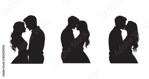Three romantic silhouettes show couples embracing and kissing with deep affection