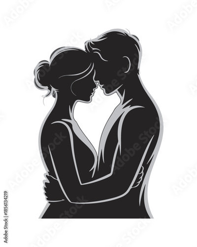 A passionate couple with outlined faces gently leans in for an intimate embrace