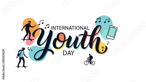 International Youth Day design with skaters and cyclists on colorful background  