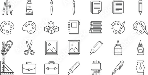 Art and design outline icons set with painting drawing tools brushes palettes stationery supplies isolated on white background