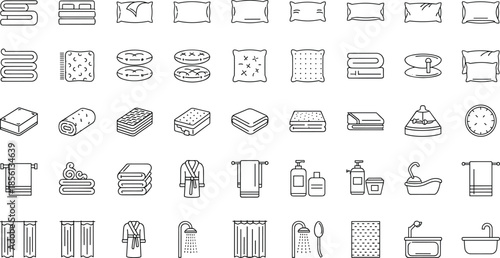 Bathroom linen and bedding outline icons set isolated on white background towels pillows mattress shower accessories line vector illustration