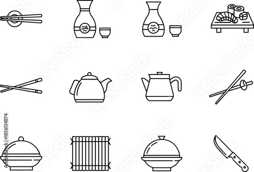 Japanese food and kitchen outline icons set isolated on white background sushi sake teapot chopsticks vector illustration