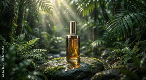 Elegant Amber Skincare Bottle on Wet Stone in Tropical Rainforest