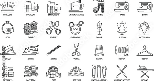 Sewing and tailoring outline icons set with embroidery knitting tools machines fabric accessories isolated on white background vector illustration