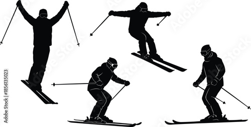Skier silhouettes performing winter sports actions isolated on white background alpine skiing adventure vector illustration design modern minimal style concept
