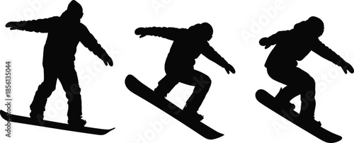Snowboarder silhouettes performing winter sports tricks isolated on white background extreme snowboarding action vector illustration design