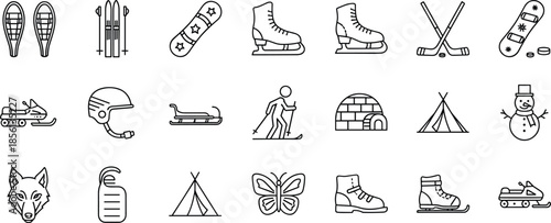 Winter sports and outdoor activity icons set isolated on white background skiing snowboarding camping equipment line vector illustration