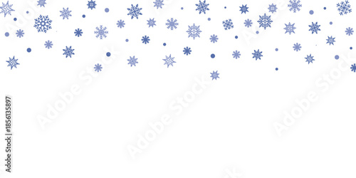 Winter border with blue snowflakes gently falling against a white background, creating a serene and festive winter holiday concept 