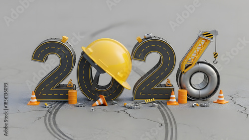 Creative 2026 New Year design template with yellow protective helmet and grey asphalt background. 3D render illustration on an engineering, logistics or road construction theme. 