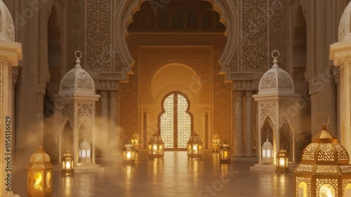Lanterns illuminating a beautifully decorated arabic interior for Ramadan or Eid celebration with magical light