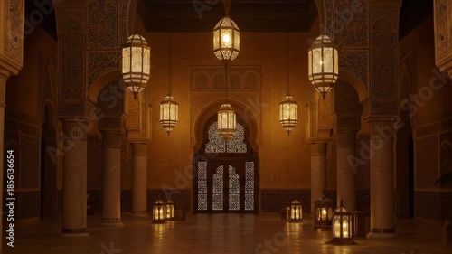 Ornate room with islamic architecture and hanging lanterns. Cultural light display for celebration.