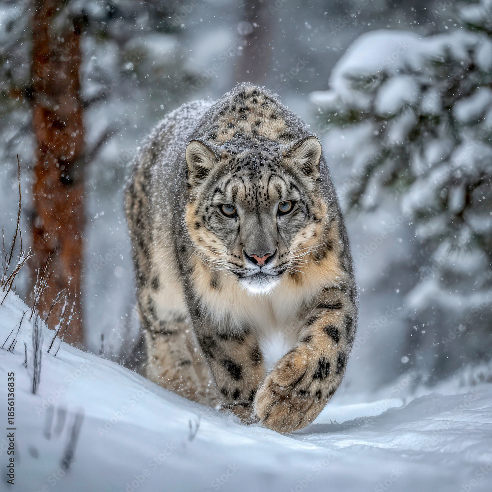 Fototapeta premium Snow leopard walking in snow