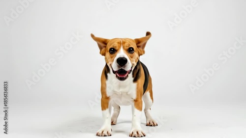 Happy beagle dog runs and barks on a white background. Pet play and excited puppy concept.