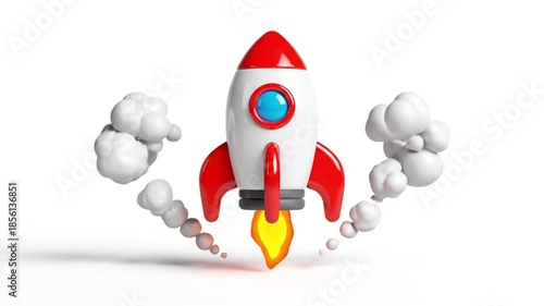 3D Cartoon Rocket Launching with Smoke and Fire. Startup, Innovation, Success Concept on White Background.