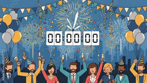 New Years Eve Celebration with Diverse Friends Toasting in City Skyline Vector Illustration