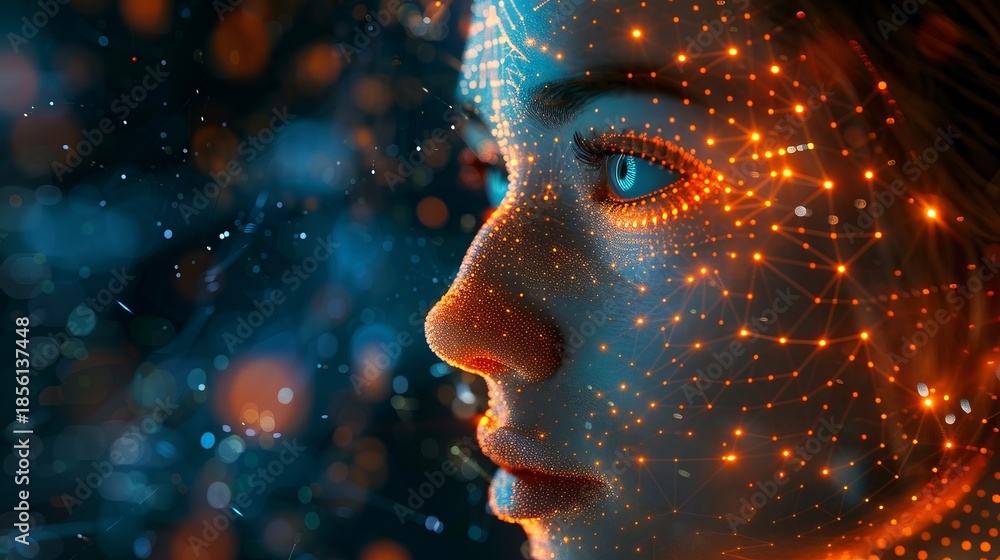 Obraz premium Artificial intelligence face with glowing network connection dots