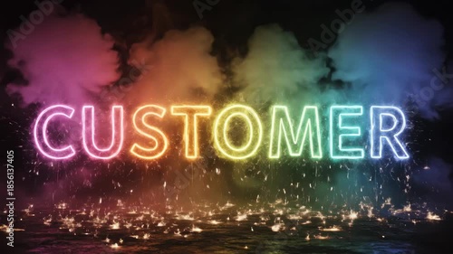 Customer word emerging from colorful smoke and fireworks on dark background. Consumer relations and service concept.