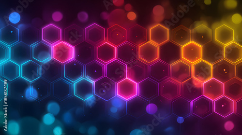 Colorful neon honeycomb background with glowing rainbow hexagons creating a vibrant atmosphere