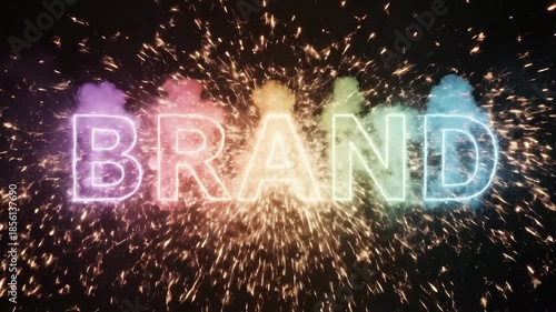 Brand text transforming with electric lightning, exploding fireworks, and colorful smoke effects for dynamic business presentation.
