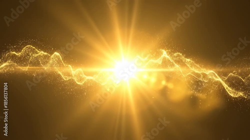 Golden glitter particle wave evolving with bright light burst for abstract energy background and digital display