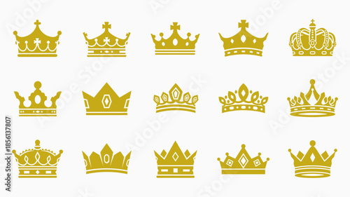 Golden king and queen crowns set on a white background