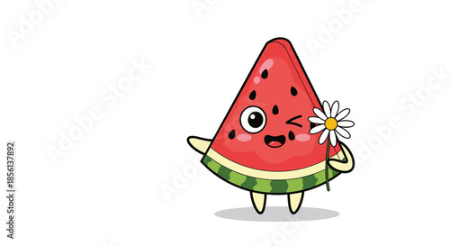 A cute cartoon watermelon slice character winking and holding a daisy flower, isolated on a white background.