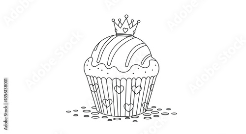 An adorable line art illustration of a princess cupcake wearing a crown, decorated with frosting, sprinkles, and heart patterns, ideal for coloring.