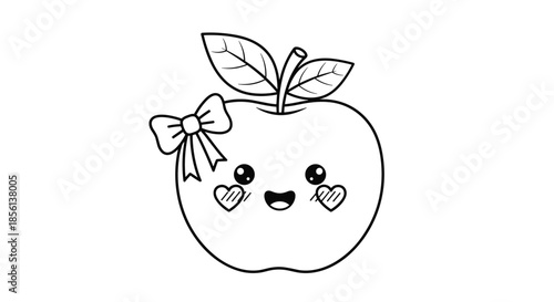 Adorable kawaii apple illustration with a cute bow, happy face, and leaves, perfect for a children's coloring page activity.