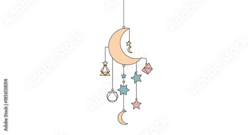 Dreamy celestial mobile featuring a crescent moon, various stars, and abstract geometric forms in soft pastel hues, on a white background.