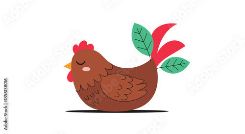 A cute cartoon chicken with a brown body, red comb, and leafy green and red tail feathers, sitting peacefully on a white background.