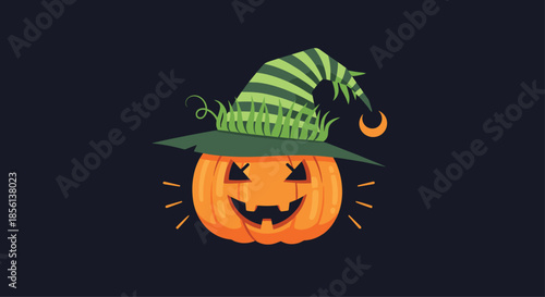 A cheerful Halloween jack-o'-lantern wearing a whimsical green striped witch hat with grass and a crescent moon.