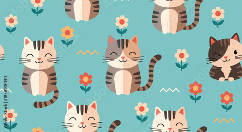 Adorable seamless pattern featuring happy cartoon cats, colorful flowers, and playful zigzag elements on a light blue background.