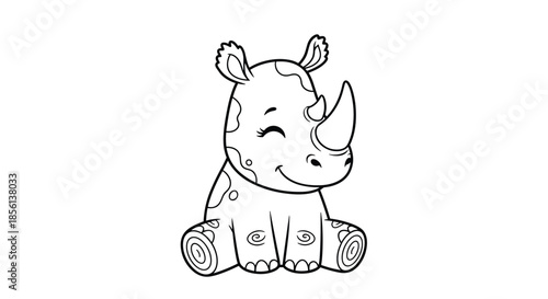 Cute and happy baby rhinoceros line art illustration, sitting peacefully with a cheerful expression, ideal for kids' coloring activities.
