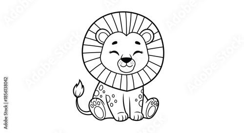 Cute cartoon baby lion character with a big mane sitting happily, smiling, depicted in an outline style for a coloring book.