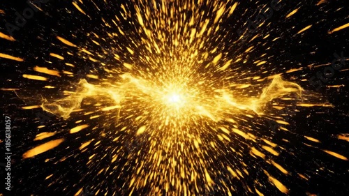 Golden energy wave and expanding sparks across a dark abstract background for dynamic motion concept