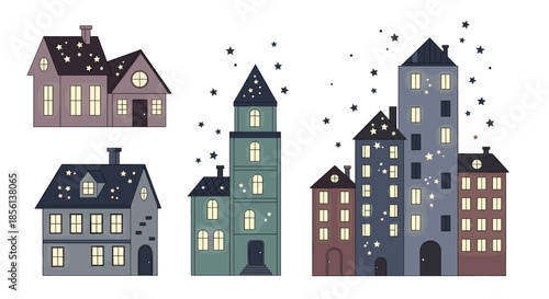 A collection of whimsical cartoon houses and buildings with glowing windows under a starry night sky, creating a cozy and magical townscape.