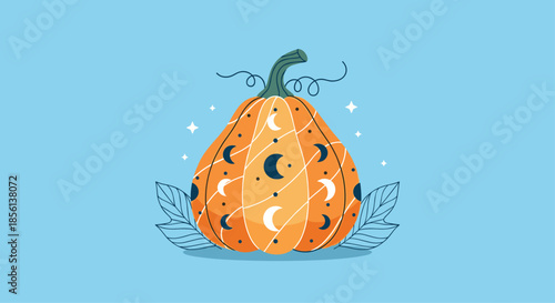Vibrant orange pumpkin illustration decorated with mystical crescent moons, shimmering stars, and delicate leaves on a calming blue backdrop.